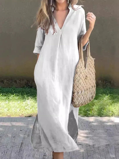 Prosta lniana sukienka midi dla kobiet w stylu vintage
