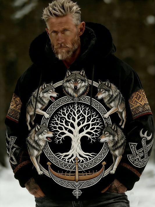 Męskie Retro Viking celtycki wzór pluszowa ciepła kurtka z kapturem z kapturem