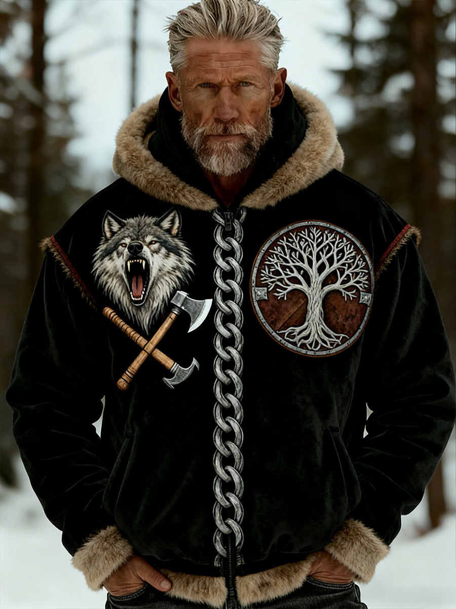 Męskie Retro Viking Wolf Totem Flanelowa ciepła bluza z kapturem w stylu celtyckim