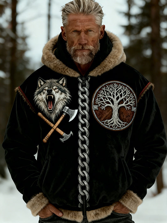 Męskie Retro Viking Wolf Totem Flanelowa ciepła bluza z kapturem w stylu celtyckim
