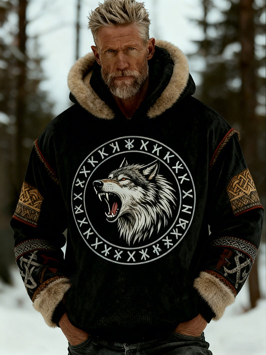 Męskie Retro Viking celtycki wzór pluszowa ciepła kurtka z kapturem z kapturem