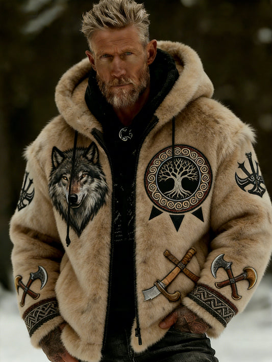 Męskie Retro Viking Wolf Totem Flanelowa ciepła bluza z kapturem w stylu celtyckim