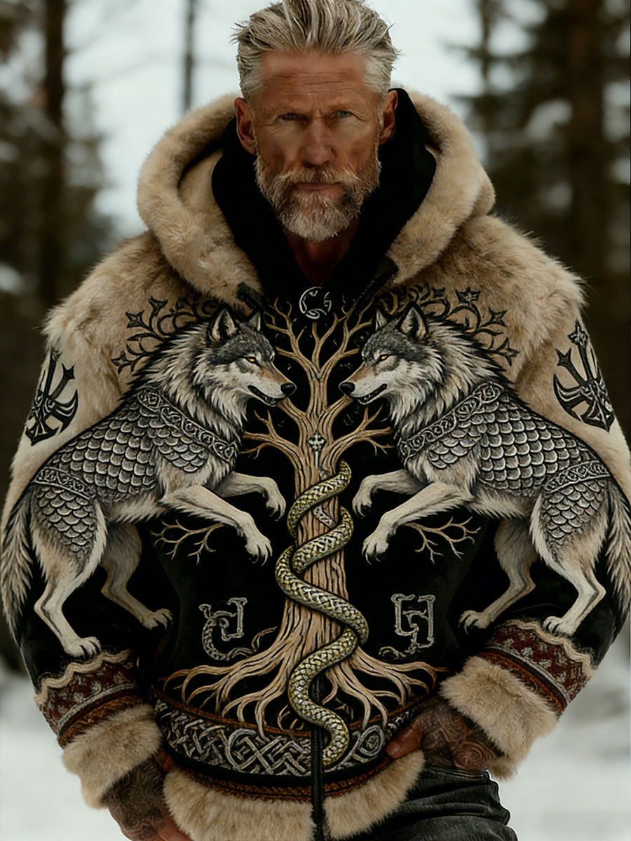 Męskie Retro Viking Wolf Totem Flanelowa ciepła bluza z kapturem w stylu celtyckim