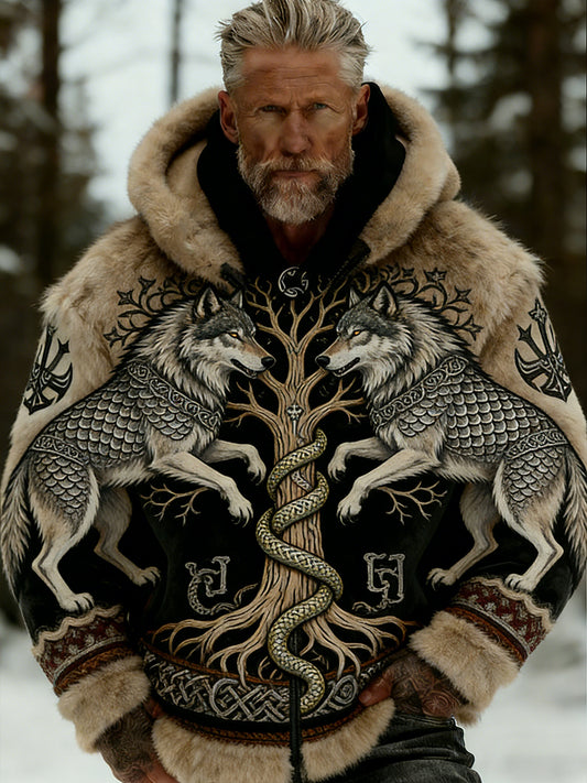 Męskie Retro Viking Wolf Totem Flanelowa ciepła bluza z kapturem w stylu celtyckim