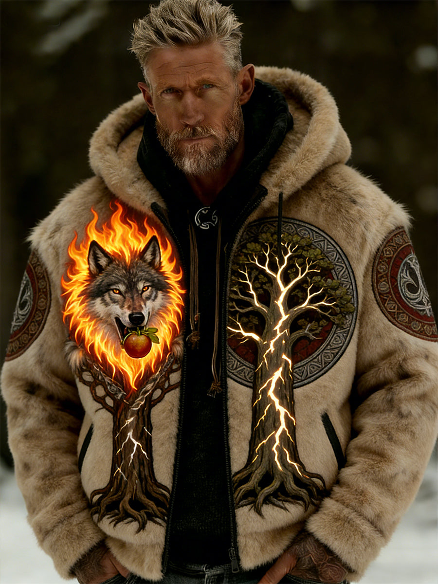 Męskie Retro Viking Wolf Totem Flanelowa ciepła bluza z kapturem w stylu celtyckim