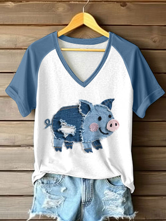 Damska śliczna świnka Patchwork Art V-Neck T-Shirt