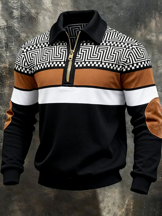 Męskie Retro Geometryczny Nadruk Colorblock Casualowa Bluza Half-Zip