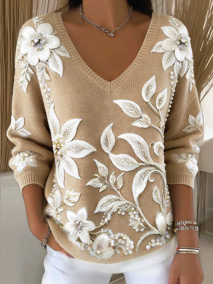 Damski brokatowy sweter z kwiatowym nadrukiem w szpic