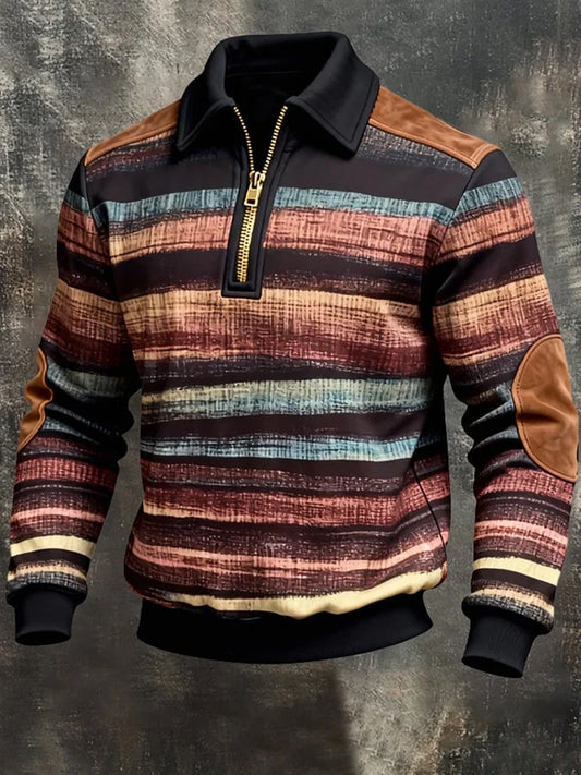 Męskie Retro Paski Nadruk Casualowa Bluza Half-Zip