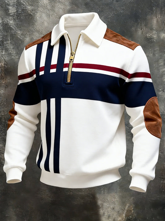 Męskie Retro Paski Nadruk Casualowa Bluza Half-Zip