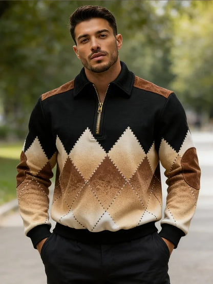 Męskie Retro Nadruk geometryczny Casual Half-Zip Bluza