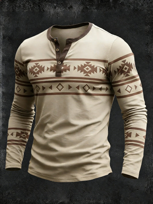 Męskie Vintage Western Aztec Geometryczny wzór Henley Koszulka z długim rękawem