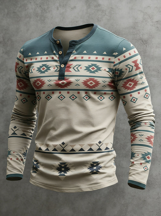 Męskie Vintage Western Aztec Geometryczny wzór Henley Koszulka z długim rękawem