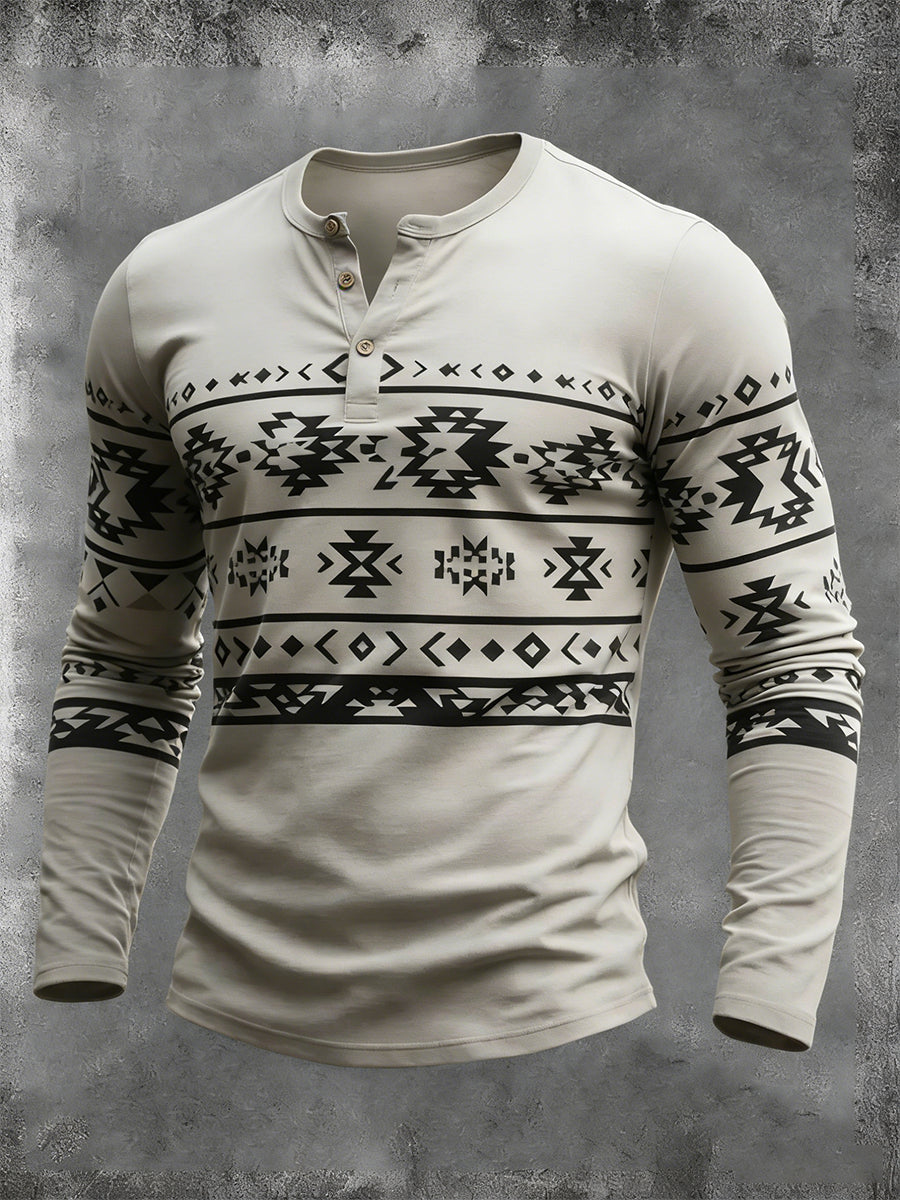Męskie Vintage Western Aztec Geometryczny wzór Henley Koszulka z długim rękawem