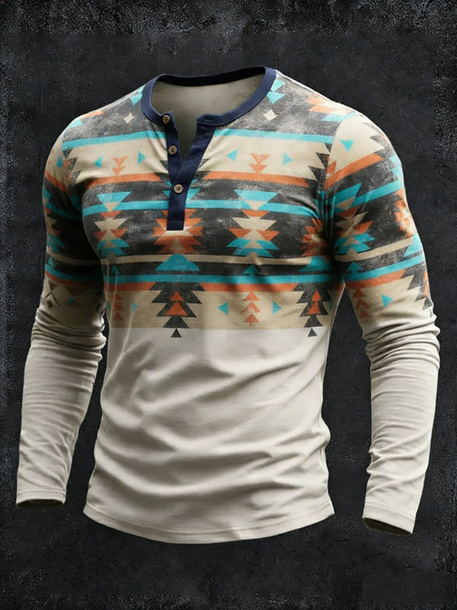 Męskie Vintage Western Aztec Geometryczny wzór Henley Koszulka z długim rękawem