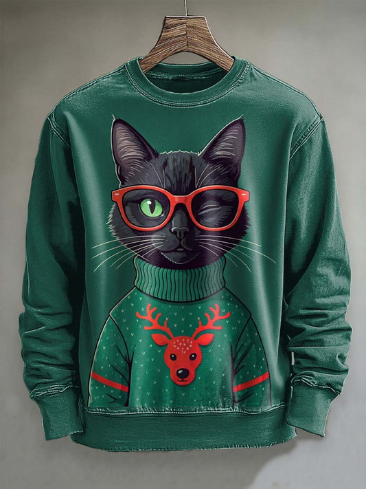 Czarna bluza z nadrukiem Cat Casual Crewneck z okularami w czerwonej ramie