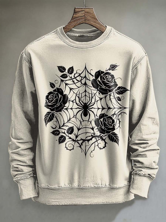 Nieformalna bluza z motywem Crewneck z pajęczyną różą