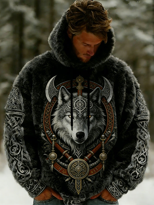 Męskie Retro Viking celtycki wzór pluszowa ciepła kurtka z kapturem z kapturem