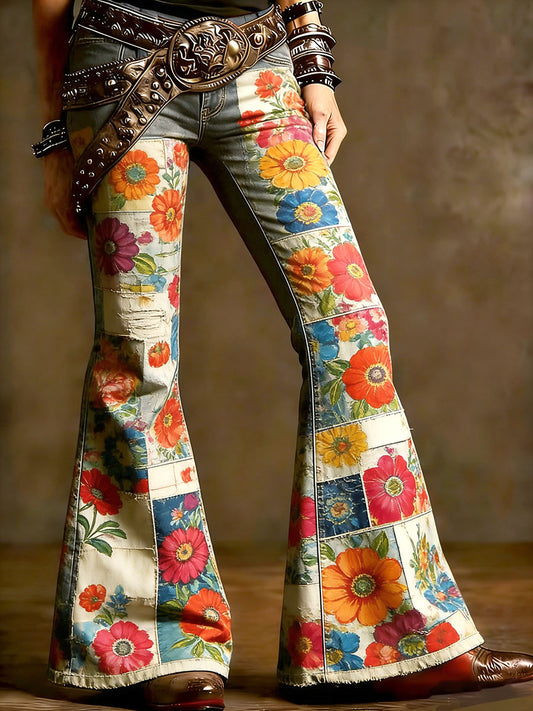 Damskie spodnie w stylu vintage patchwork z kwiatowym nadrukiem na co dzień