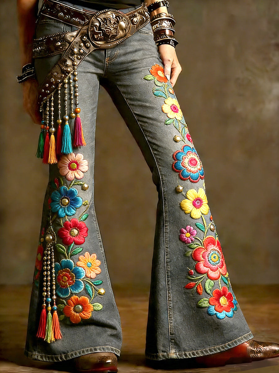 Damskie spodnie w stylu vintage patchwork z kwiatowym nadrukiem na co dzień