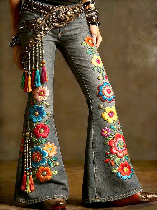 Damskie spodnie w stylu vintage patchwork z kwiatowym nadrukiem na co dzień