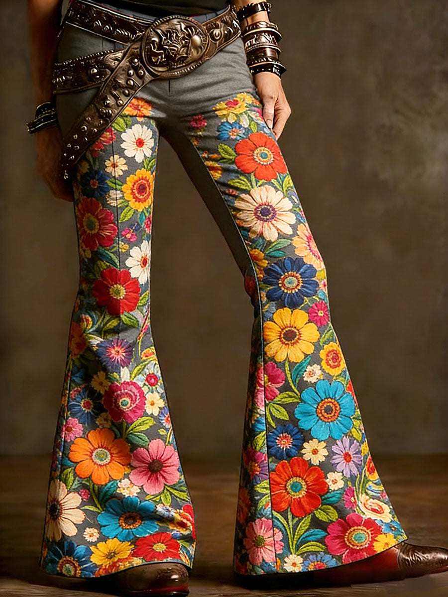Damskie spodnie w stylu vintage patchwork z kwiatowym nadrukiem na co dzień
