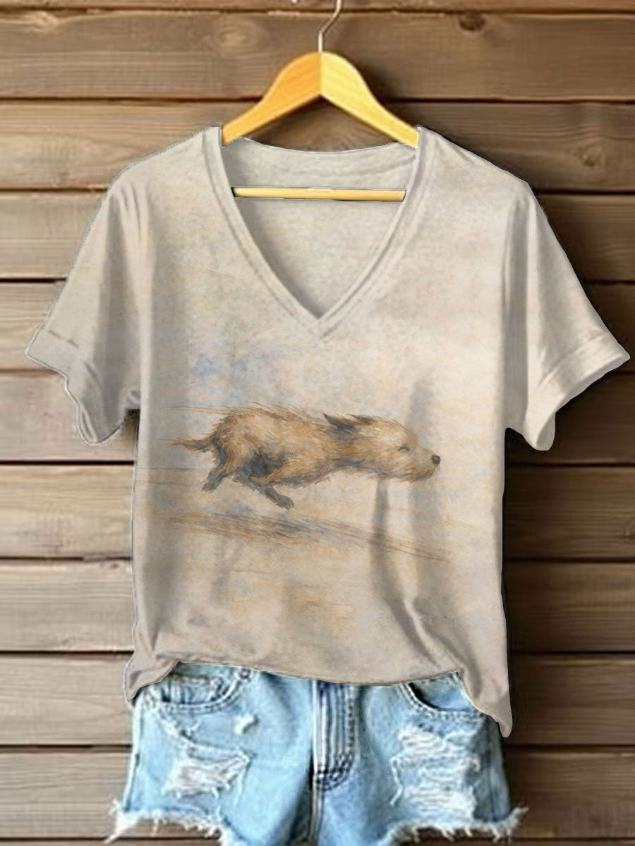 Damski Dog Art Print Casual T-Shirt