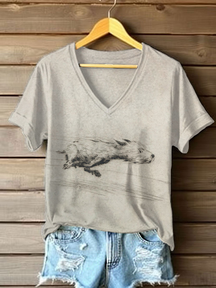 Damski Dog Art Print Casual T-Shirt