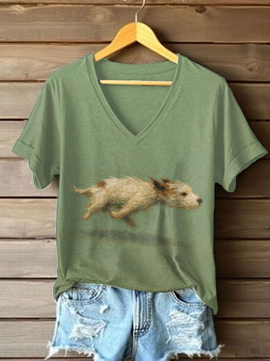 Damski Dog Art Print Casual T-Shirt