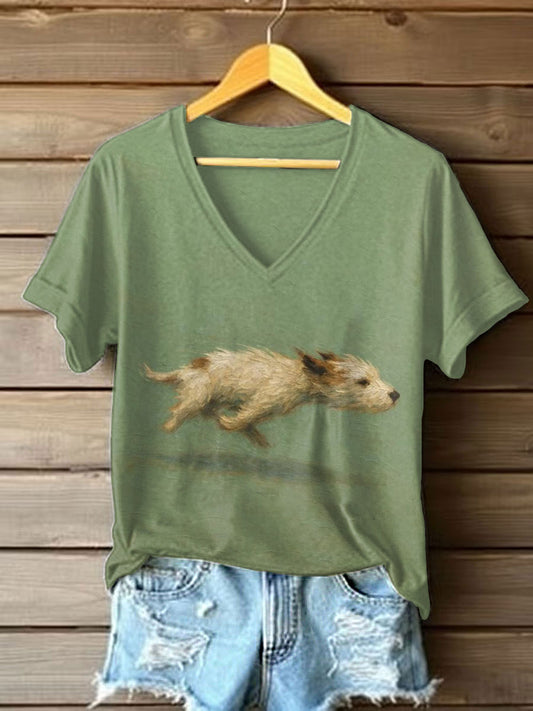 Damski Dog Art Print Casual T-Shirt