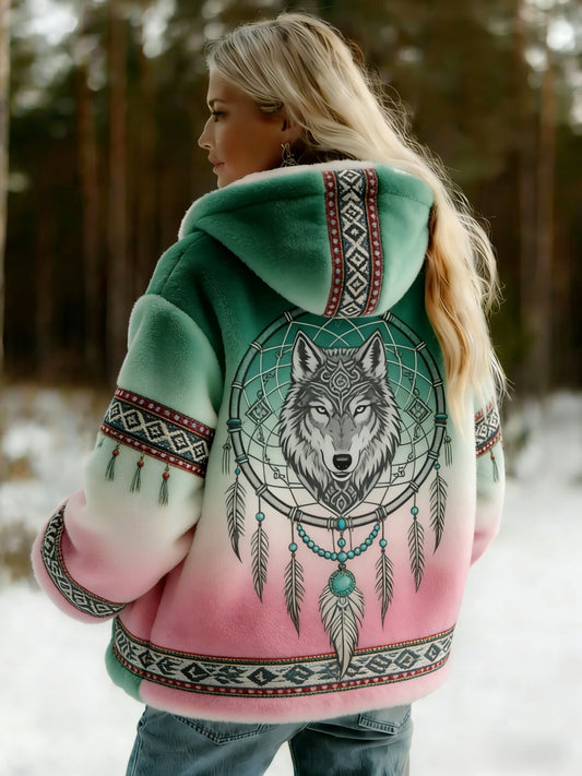 Damska Retro Viking Wolf Celtic Knot Gradient Flanelowa Kurtka Z Kapturem