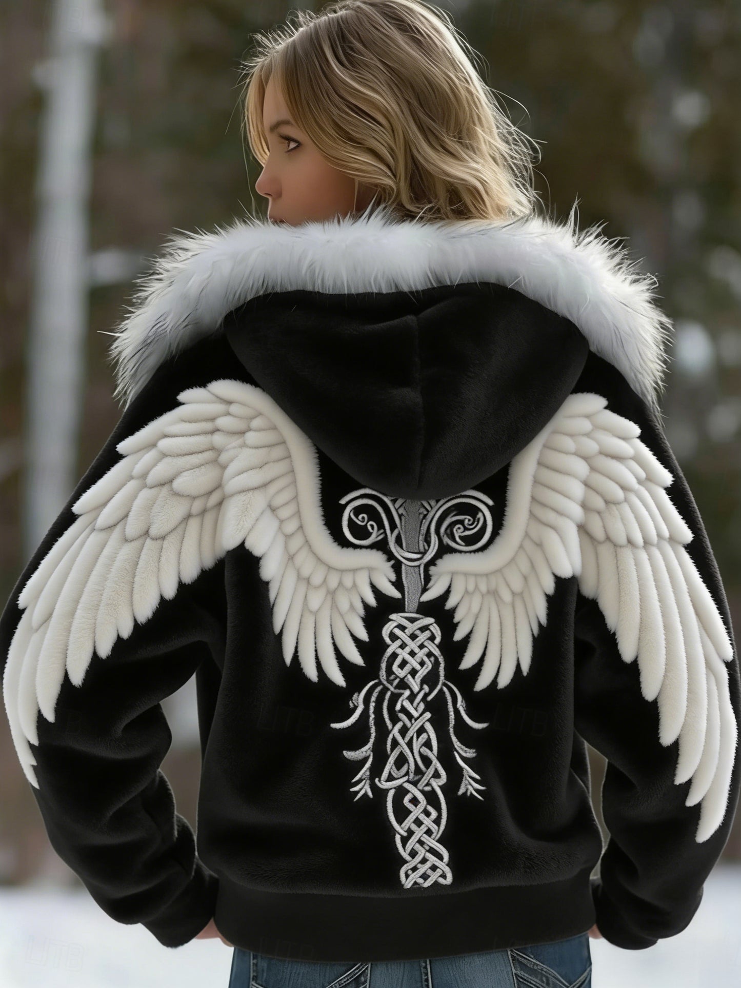 Damskie Retro Viking Nordic Wings Celtic Knot Flanelowa kurtka z kapturem