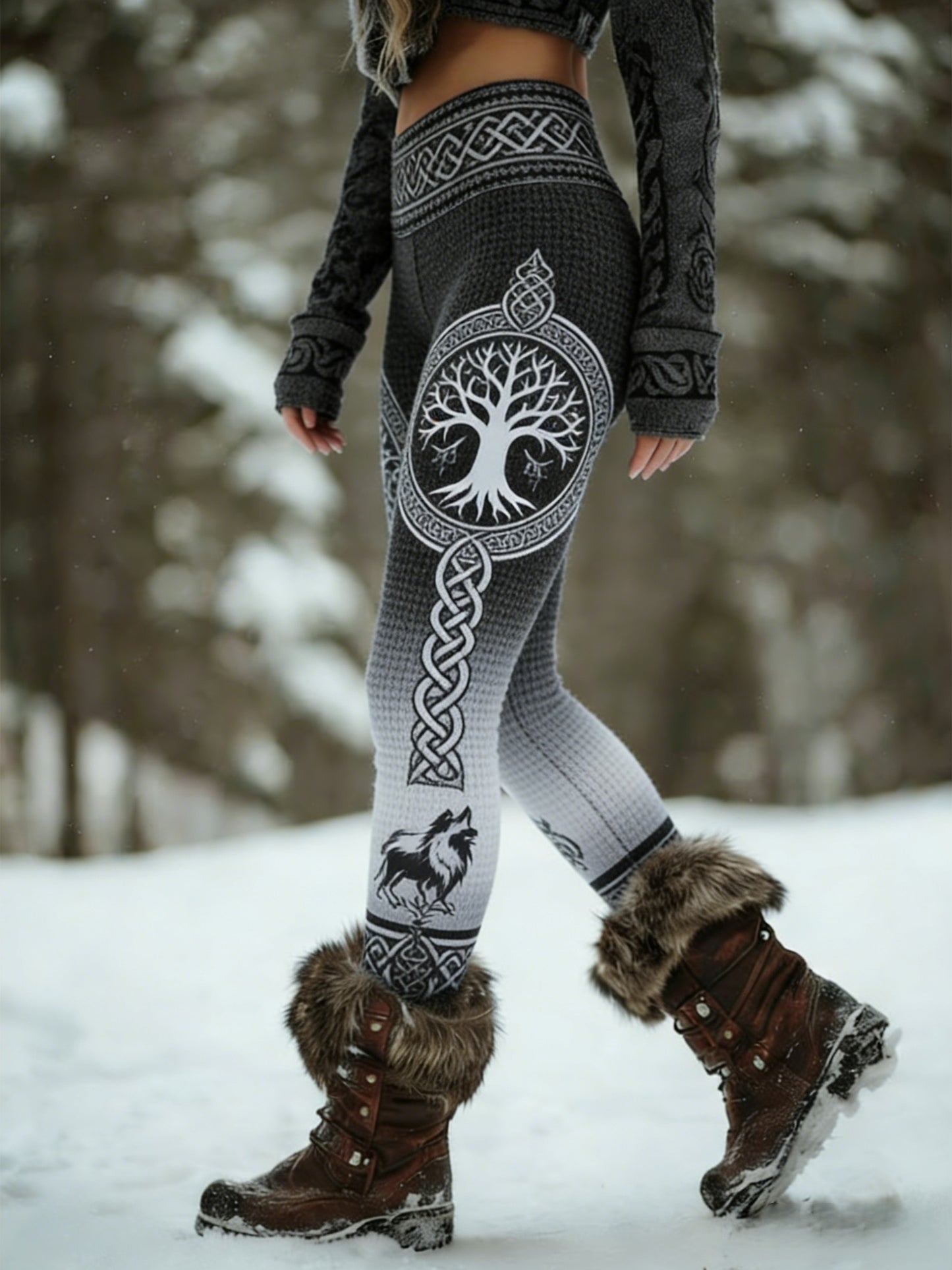 Damskie Retro Viking Wolf Celtic Knot Drzewo Życia Gradient Sportowe Stretch Legginsy