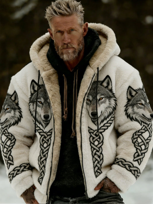 Męskie Retro Viking Wolf Totem Flanelowa ciepła bluza z kapturem w stylu celtyckim