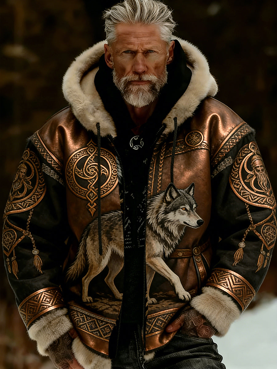 Męskie Retro Viking Wolf Totem Flanelowa ciepła bluza z kapturem w stylu celtyckim