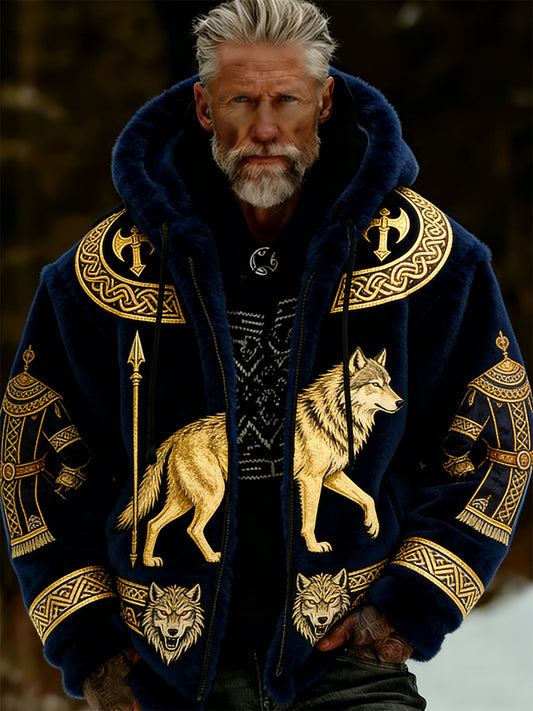 Męskie Retro Viking Wolf Totem Flanelowa ciepła bluza z kapturem w stylu celtyckim