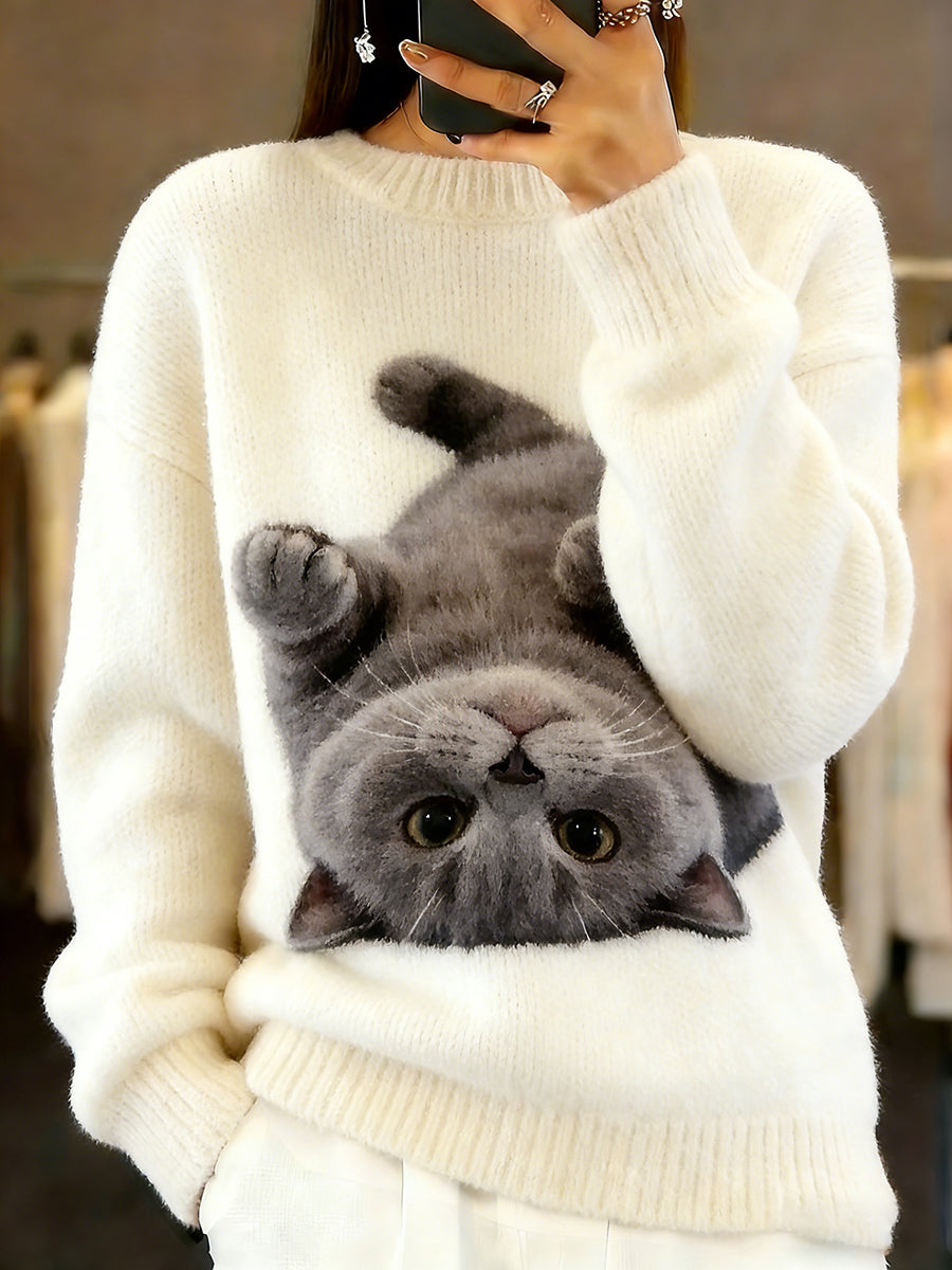 Damski sweter w stylu vintage z nadrukiem zwierzęcym Comfort