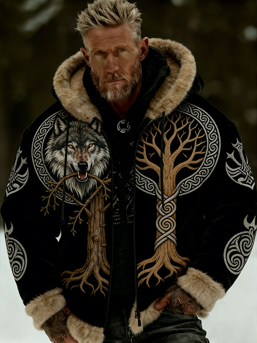 Męskie Retro Viking Wolf Totem Flanelowa ciepła bluza z kapturem w stylu celtyckim