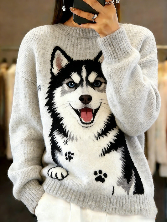 Damski sweter w stylu vintage z nadrukiem zwierzęcym Comfort