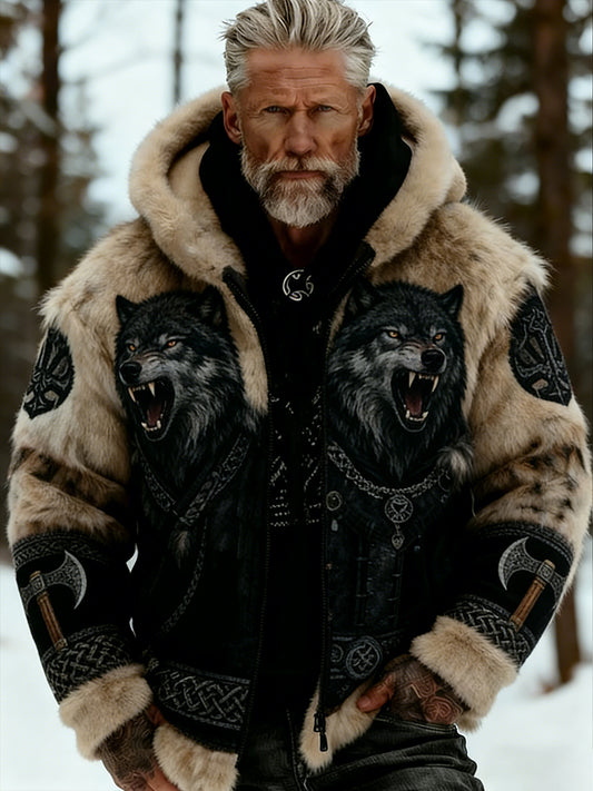 Męskie Retro Viking Wolf Totem Flanelowa ciepła bluza z kapturem w stylu celtyckim