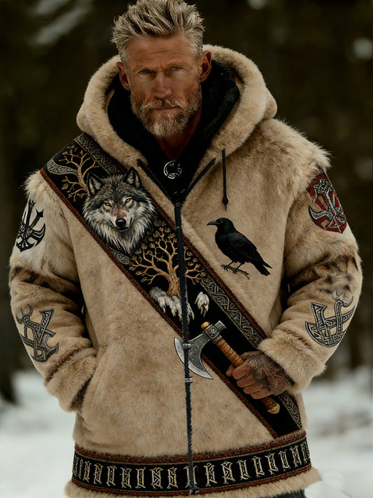 Męskie Retro Viking Wolf Totem Flanelowa ciepła bluza z kapturem w stylu celtyckim