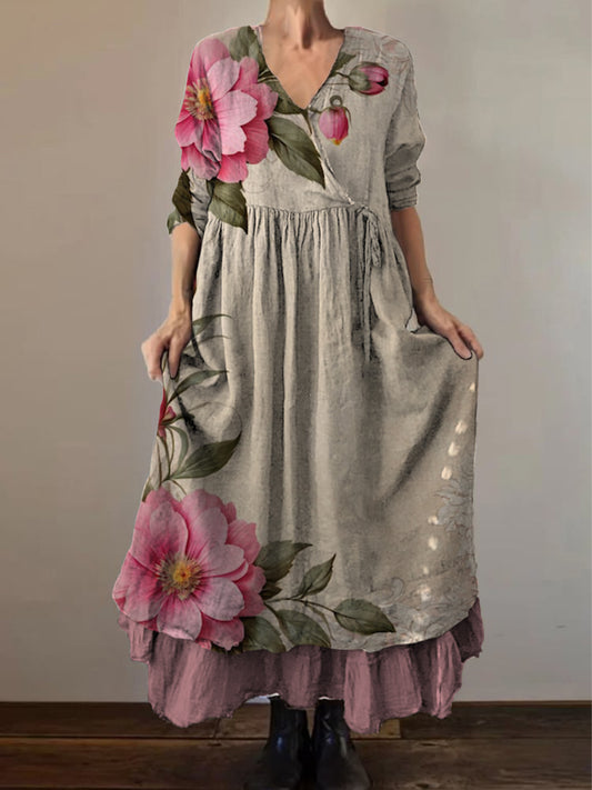 Retro Boho kwiatowy wzór botaniki Vintage dekolt w szpic z podwójnym półrzędem bawełniana sukienka midi z długim rękawem