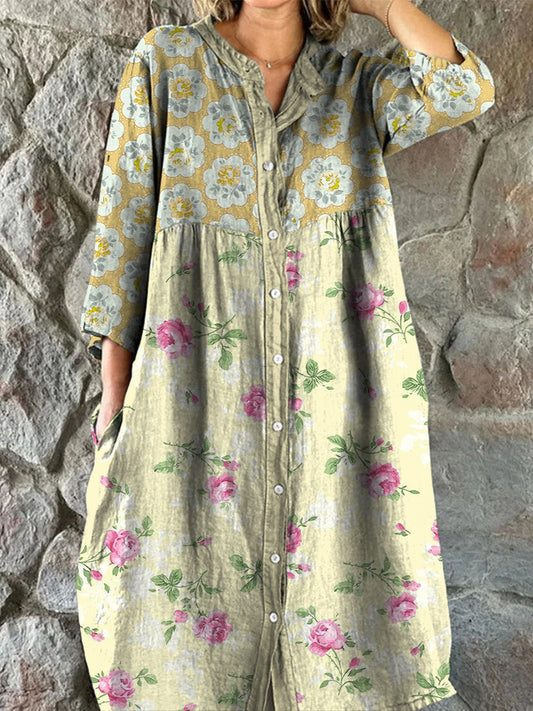 Retro Boho kwiatowy nadruk w stylu vintage szyk z dekoltem w szpic z długim rękawem sukienka midi