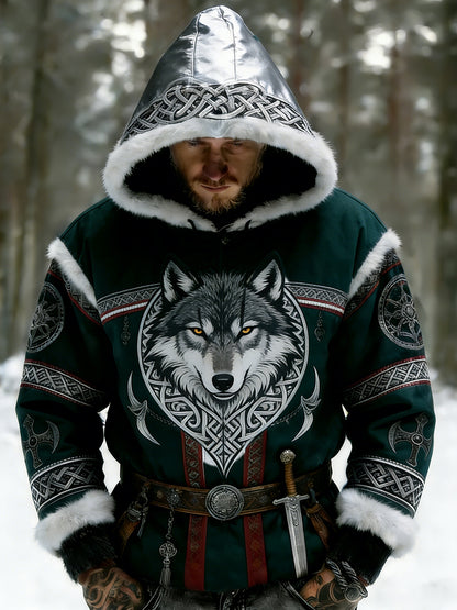 Męskie Retro Viking celtycki wzór pluszowa ciepła kurtka z kapturem z kapturem