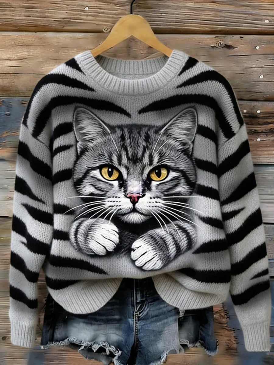 Damski sweter w stylu vintage z nadrukiem zwierzęcym Comfort