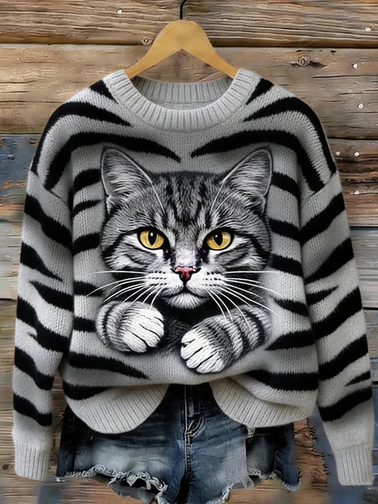 Damski sweter w stylu vintage z nadrukiem zwierzęcym Comfort
