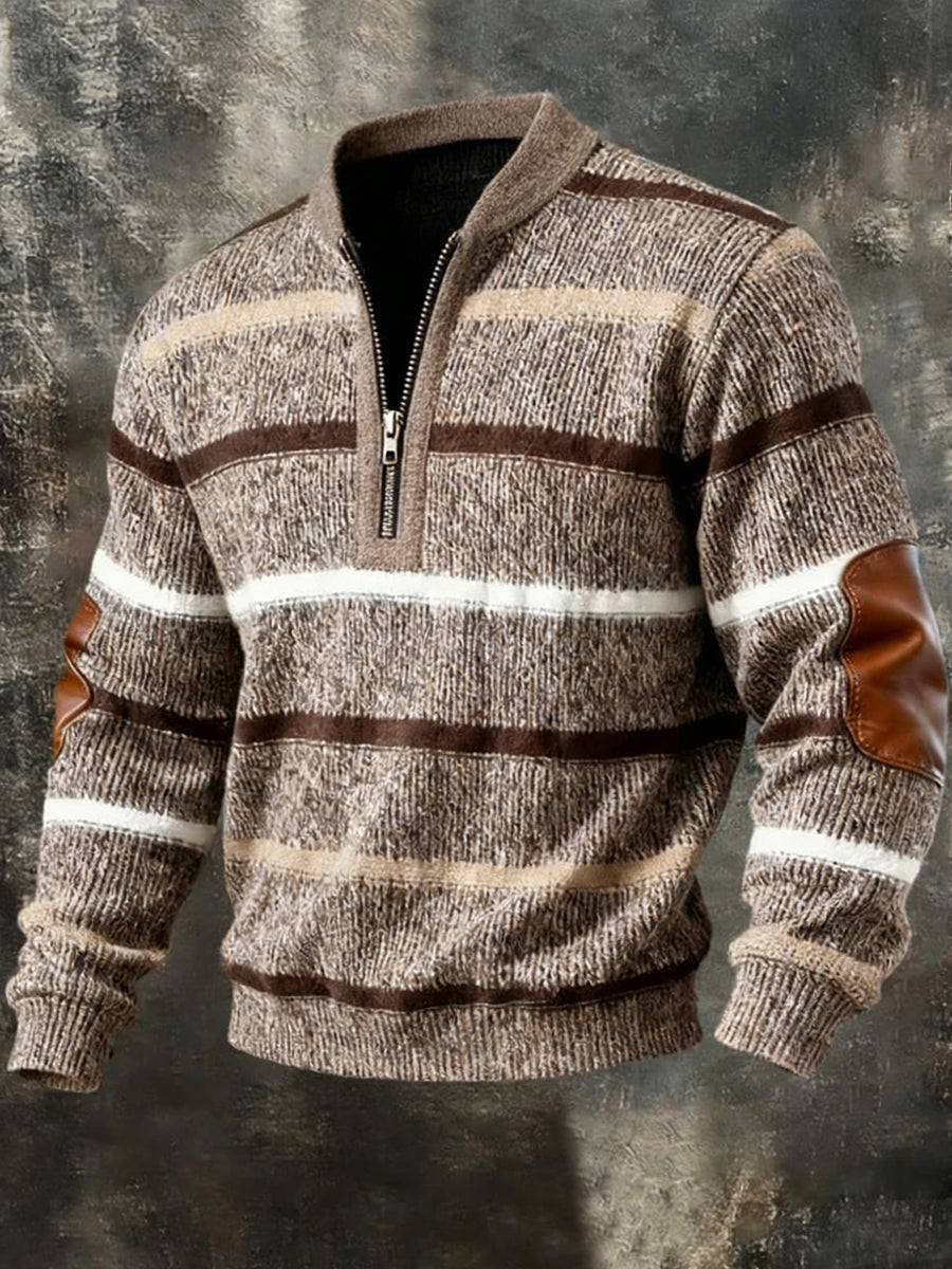 Męskie Retro Paski Nadruk Casual Half-Zip Pullover