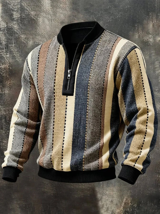 Męskie Retro Colorblock Paski Nadruk Casual Half-Zip Pullover