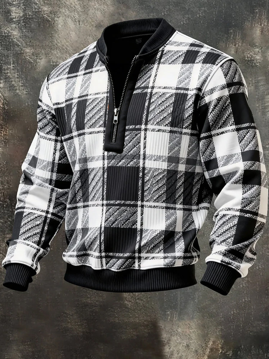 Męskie Retro Colorblock Plaid Nadruk Casual Half-Zip Pullover