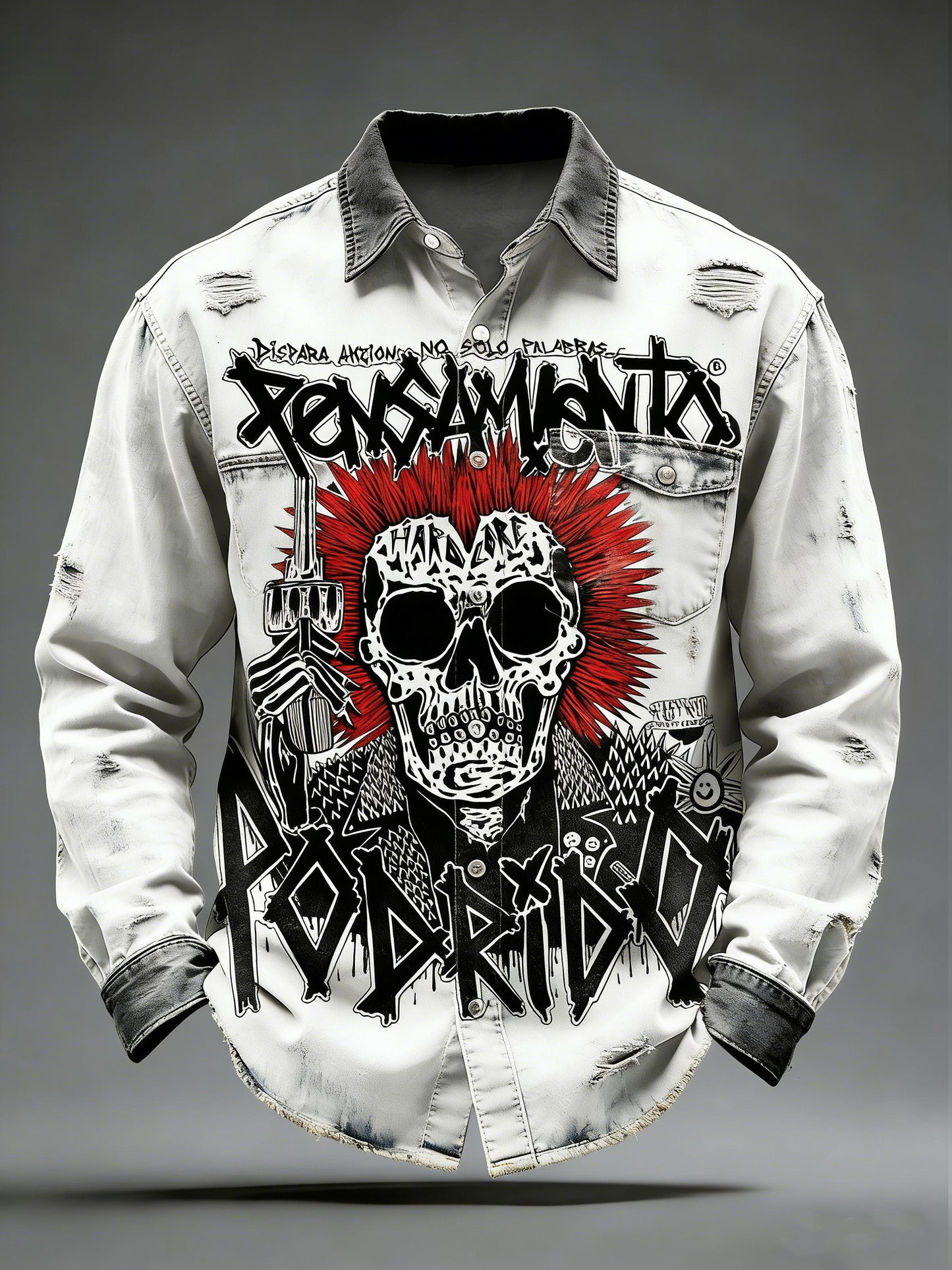 Męska koszula kieszonkowa z długim rękawem w stylu retro punk z nadrukiem